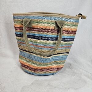 BBORGDC Woven Straw Tote Bag Multicolor Striped Zip Top Beach Bag